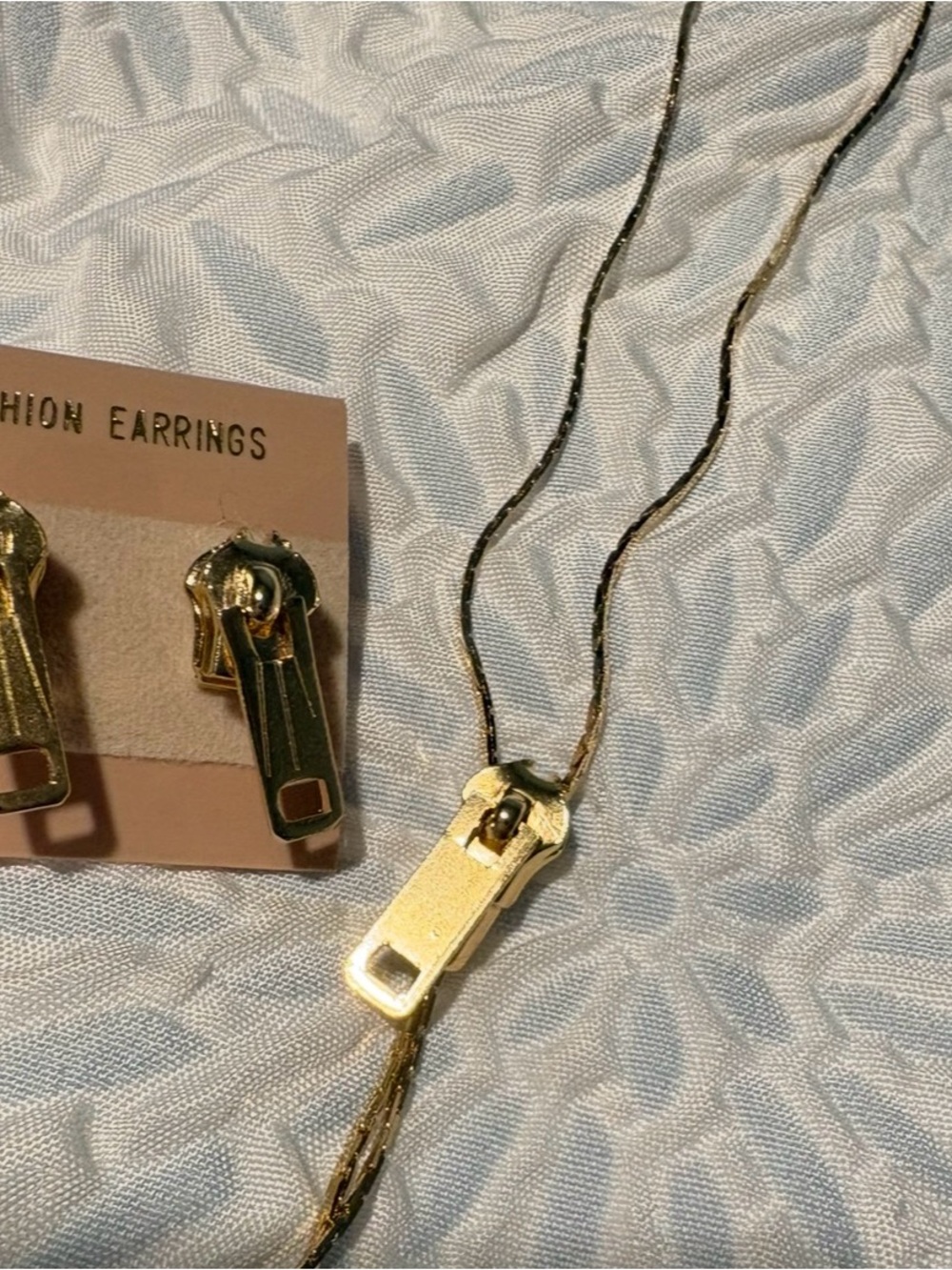 Vintage Zipper Lariat Slide Necklace with Matching Earrings - Gold tone